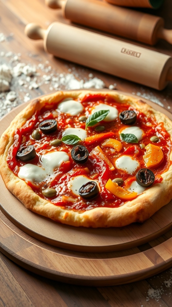 Quick Yeast-Free Pizza Dough Recipe A delicious homemade pizza with tomato sauce, cheese, and vegetables on a wooden board.